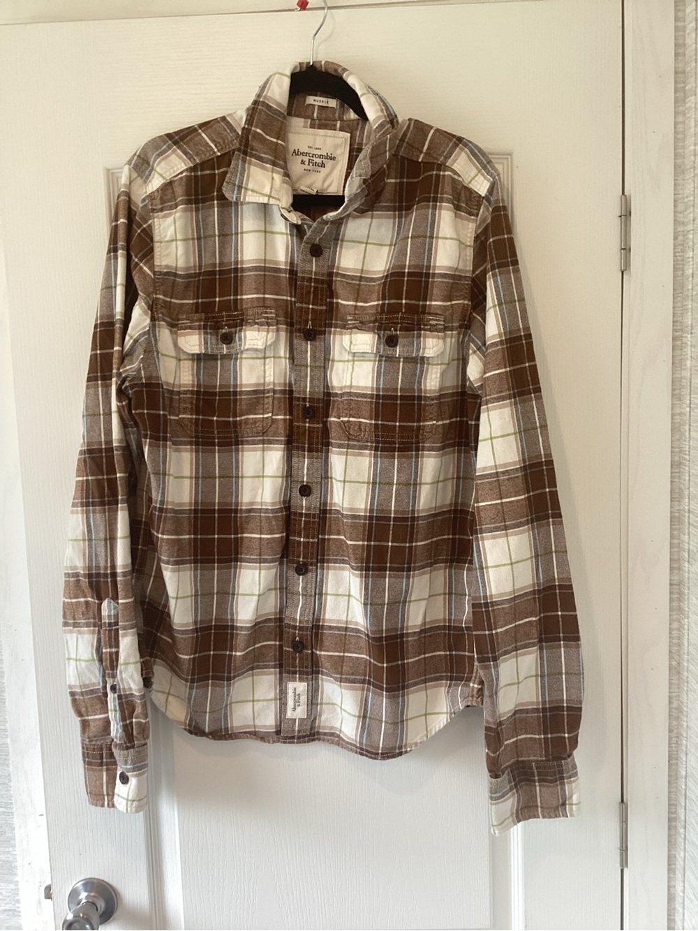 Abercrombie & Fitch Brown and White Plaid mens Button-Down Shirt 2XL EUC